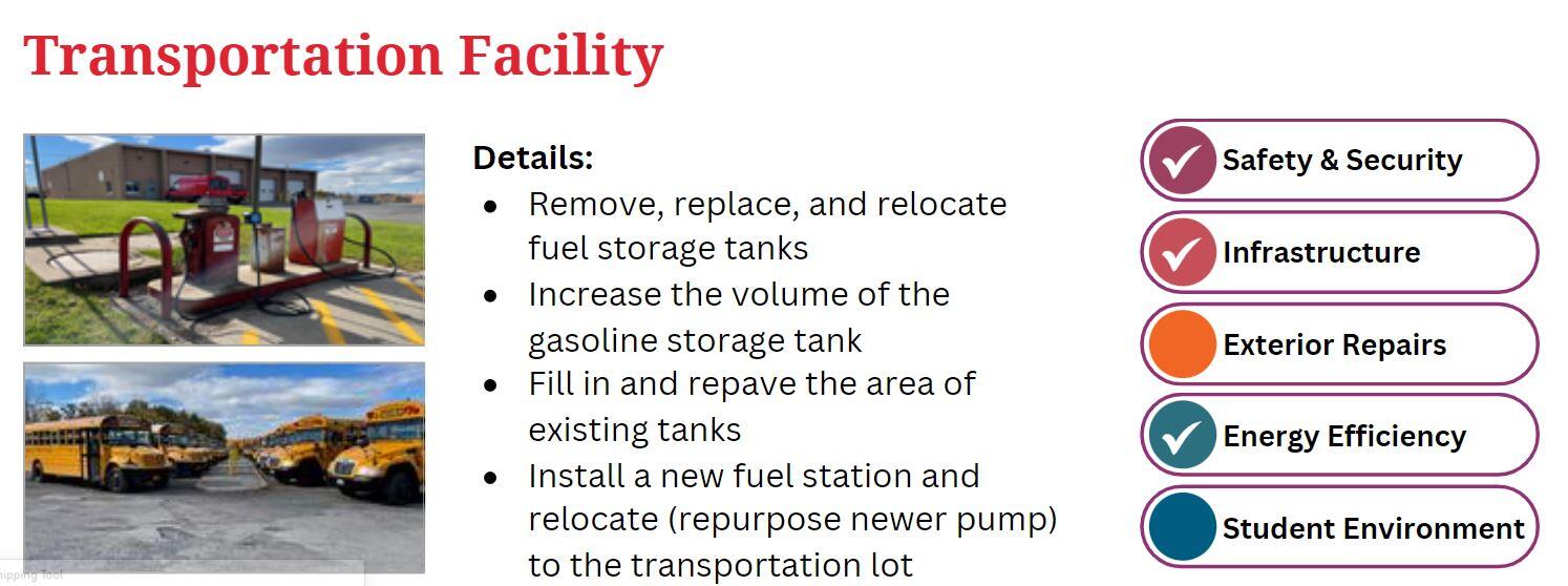 Details: Remove, replace, and relocate fuel storage tanks Increase the volume of the gasoline storage tank  Fill in and repave the area of existing tanks Install a new fuel station and relocate (repurpose newer pump) to the transportation lot