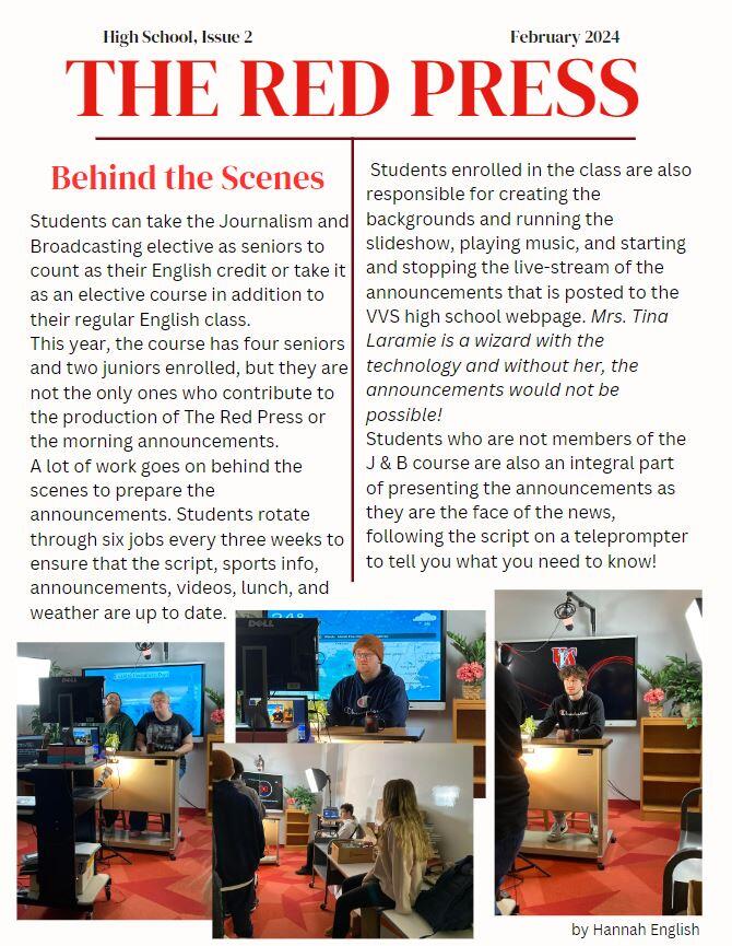 Cover page of Red Press Newsletter, featuring journalism and broadcasting students