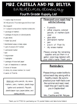 4th Grade Supply List